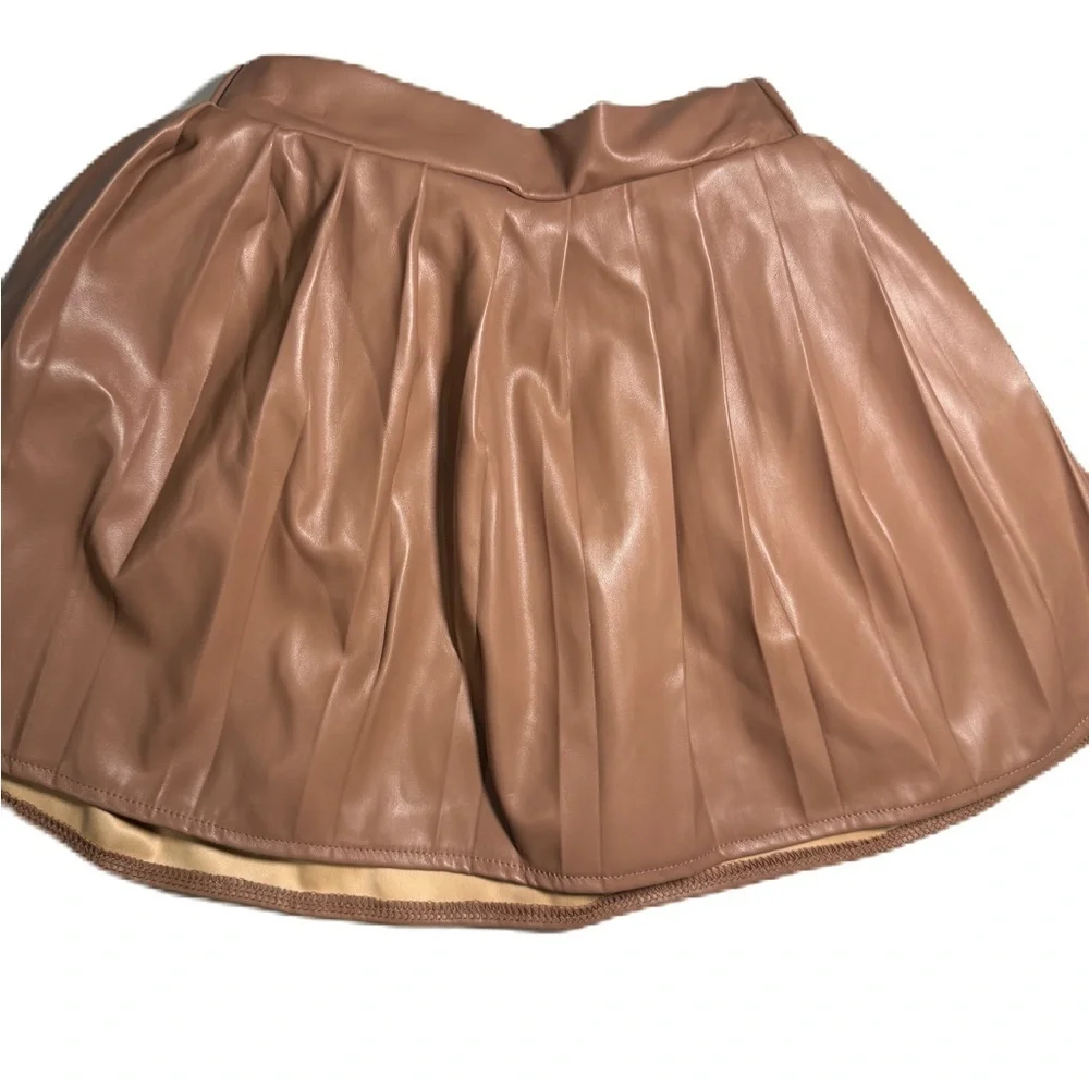 Stylish Tan Faux Fur Vest, ribbed top and faux leather pleated skirt